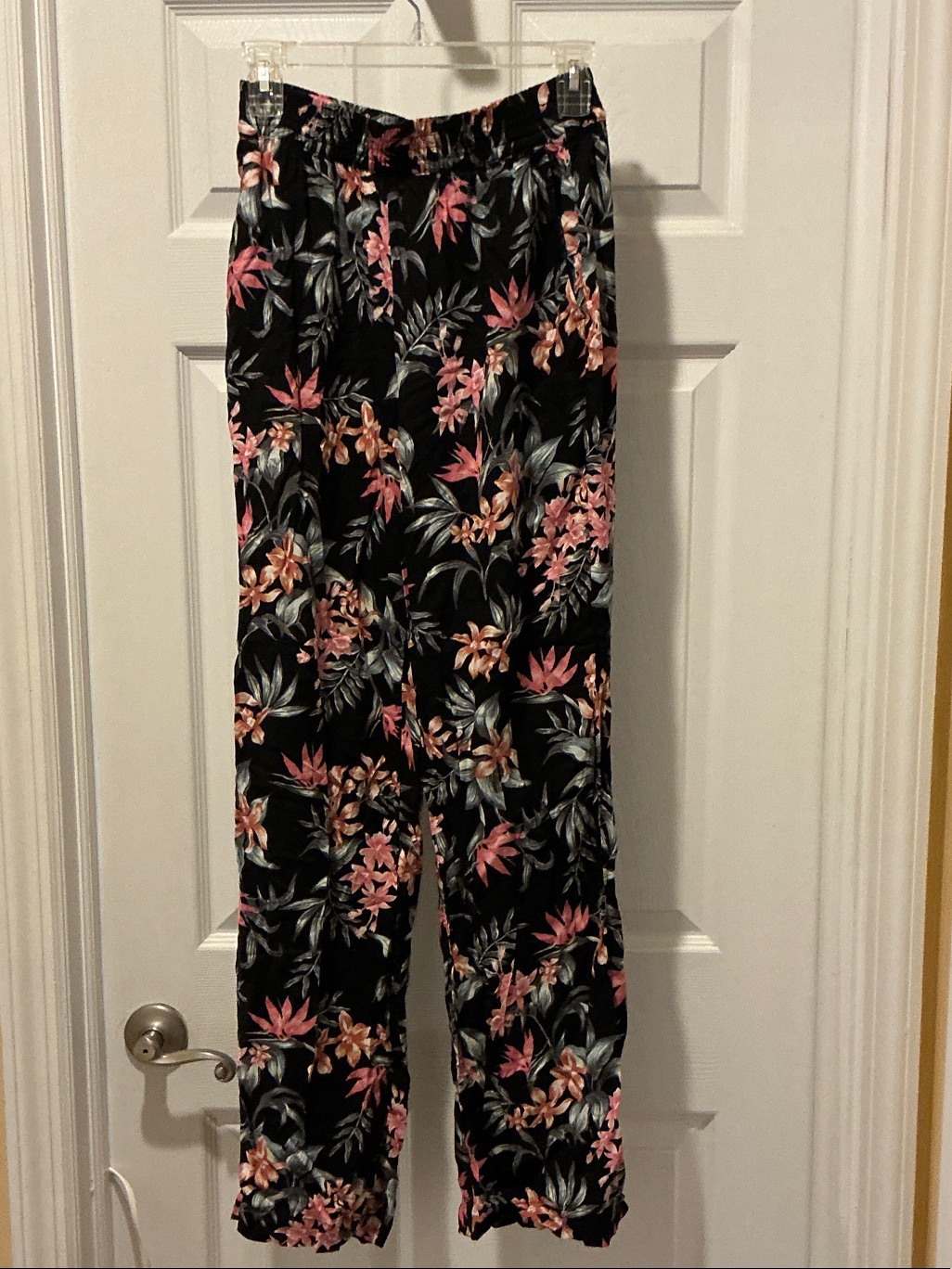 H&M Black Wide-Leg Pants With Pink & Green Floral Print